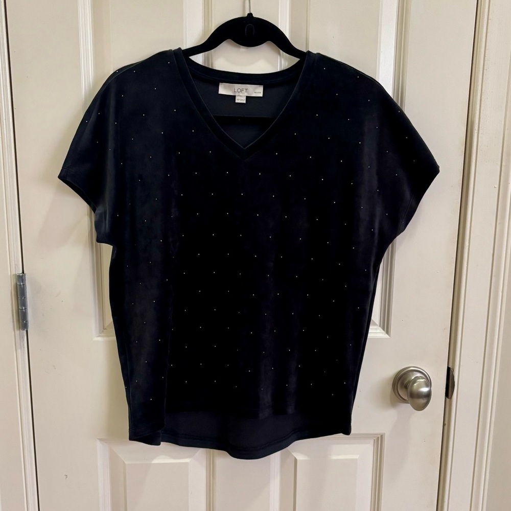 LOFT Black Studded V-Neck Velvet Women's Tee